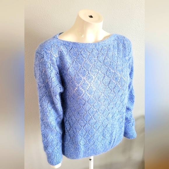 SHAPELY KNITS Vintage 80s Silk Angora Open Knit Sweater Sky Blue Coquette sz L - Picture 6 of 7
